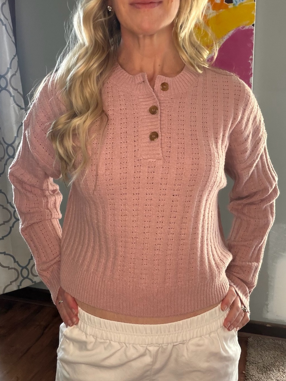 Pink Knit Button Henley Sweater